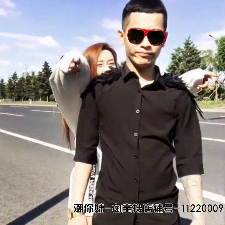 衬衫上衣服t恤羽毛翅膀潮男装修身半袖夏装浪子快手红人吴迪同款