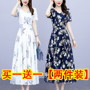 收腰顯瘦V領(lǐng)長裙子遮肚中年媽媽時尚 2025春夏裝 短袖 大碼 連衣裙女
