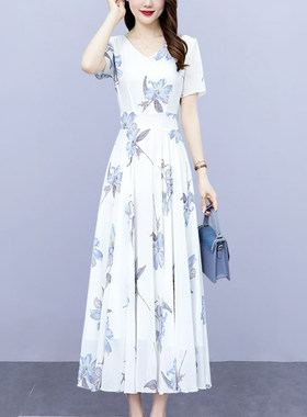 系带宽松显瘦长款V领短袖连衣裙