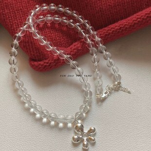 小花花~韩系ins小众设计银色花朵透明白水晶串珠项链新款锁骨链潮