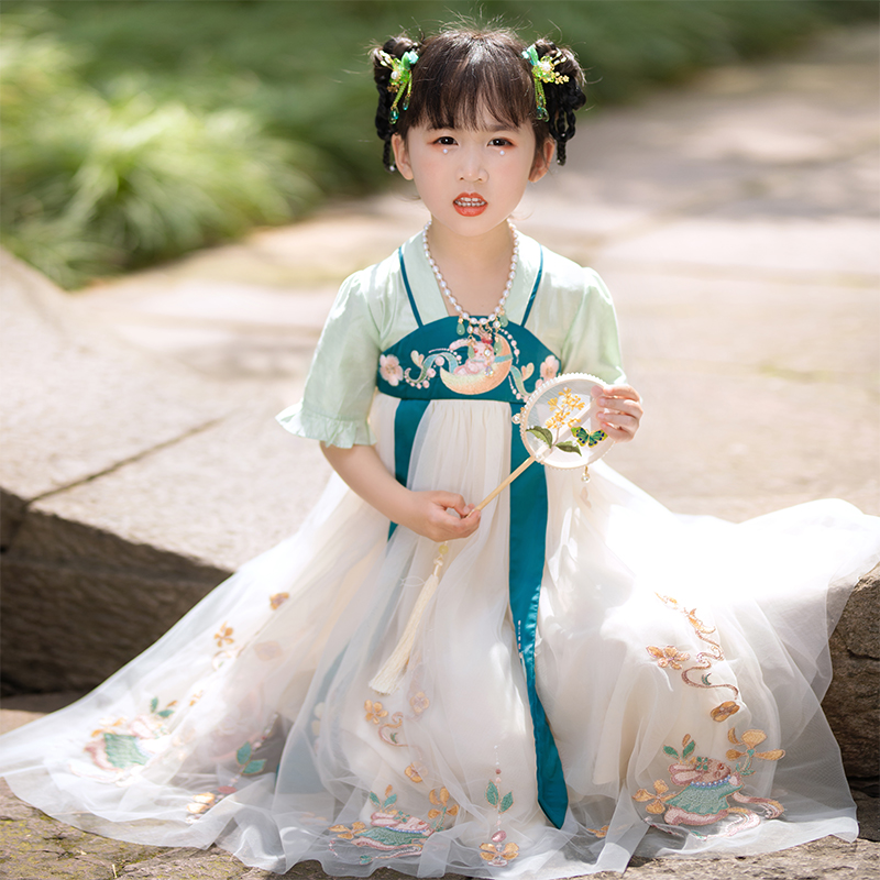 汉服女童夏季薄款连衣裙绿色纱裙原创儿童襦裙超仙中国风宝宝古装