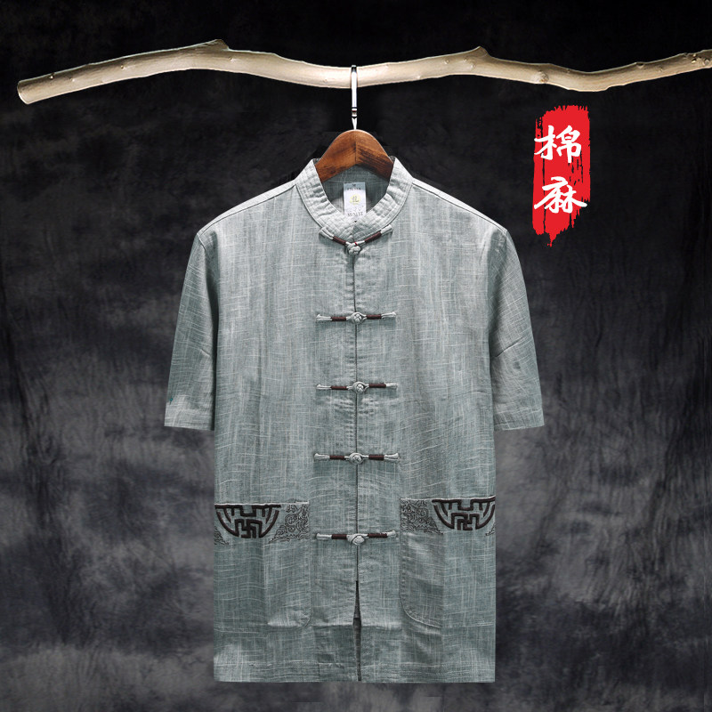 棉麻男士唐装上衣中老年大码中式男装短袖衬衫汉服男居士服男夏季