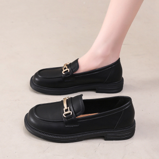春秋工作鞋 平底单鞋 2026新款 英伦风百搭小皮鞋 女一脚蹬黑色乐福鞋