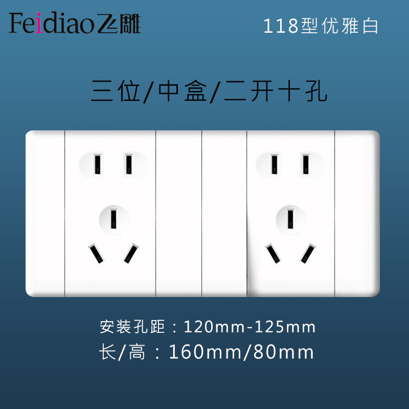 正品飞雕118型九孔带开关独立控制10安三孔厨房二断电暗装长方形