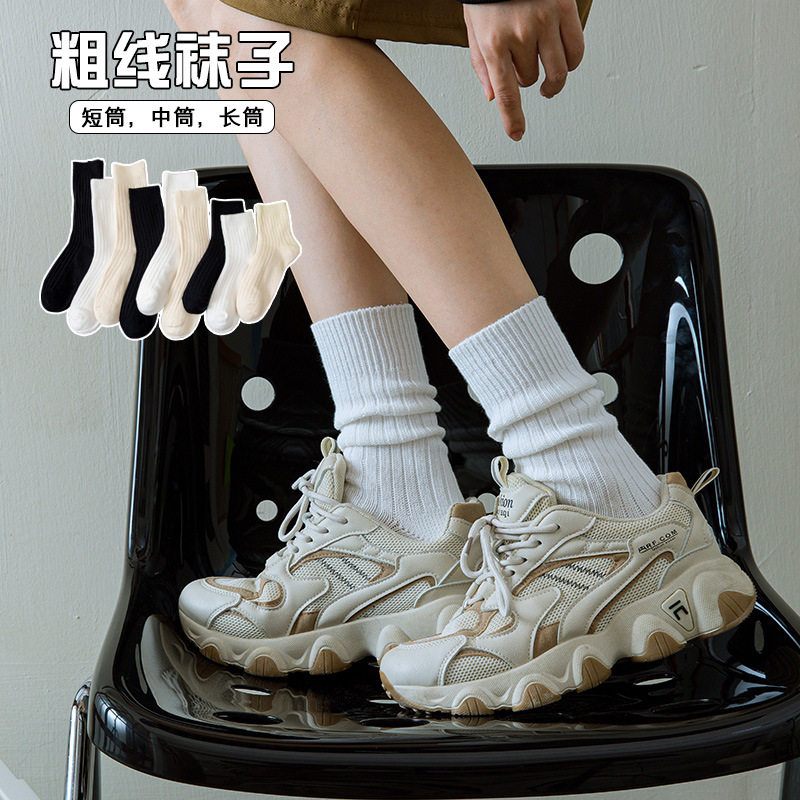 粗线袜子女堆堆袜ins潮中筒袜日系潮流cityboy情侣男士白色长筒袜