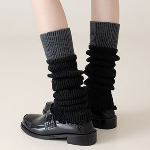 日系复古黑灰拼色堆堆袜套女秋冬纯色粗线配小皮鞋 腿套y2k小腿袜