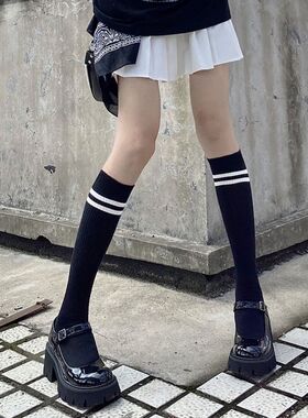 两条杠袜子女可爱学院风及膝中筒款ins潮黑色小腿袜四季通用厚薄