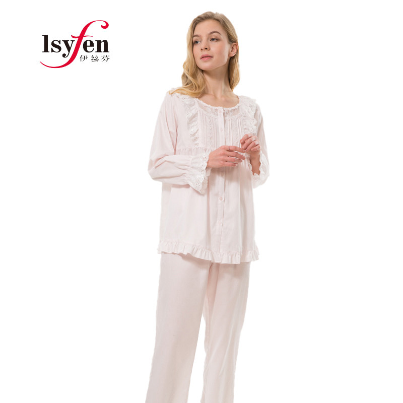 伊丝芬专柜正品39842春夏新品纯棉蕾丝长袖女士睡衣裤家居服套装