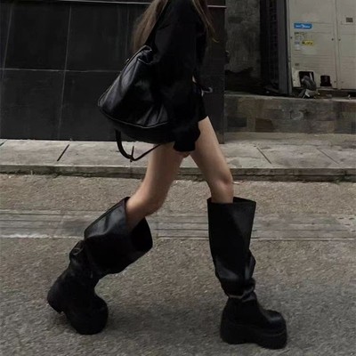 宋熙熙新款厚底增高超大筒围堆堆靴欧美辣妹长靴高筒靴宽筒长筒靴