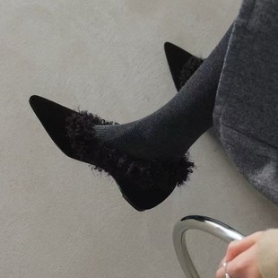 法式尖头内增高浅口单鞋2025新款软皮加绒毛毛鞋冬季保暖通勤女鞋