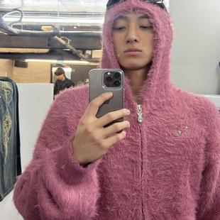 ThugClub仿貂毛皮草粉色毛绒拉链开衫连帽男女秋冬季长袖毛衣外套