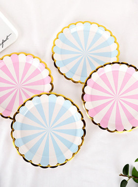 ins创意烫金条纹粉蓝色纸盘纸杯一次性儿童生日派对装饰蛋糕碟子