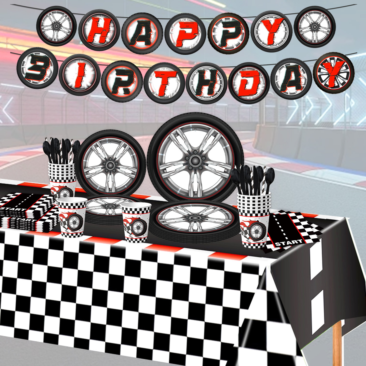 卡通赛车轮一次性餐具男孩生日派对蛋糕餐盘拉旗纸杯装饰布置道具