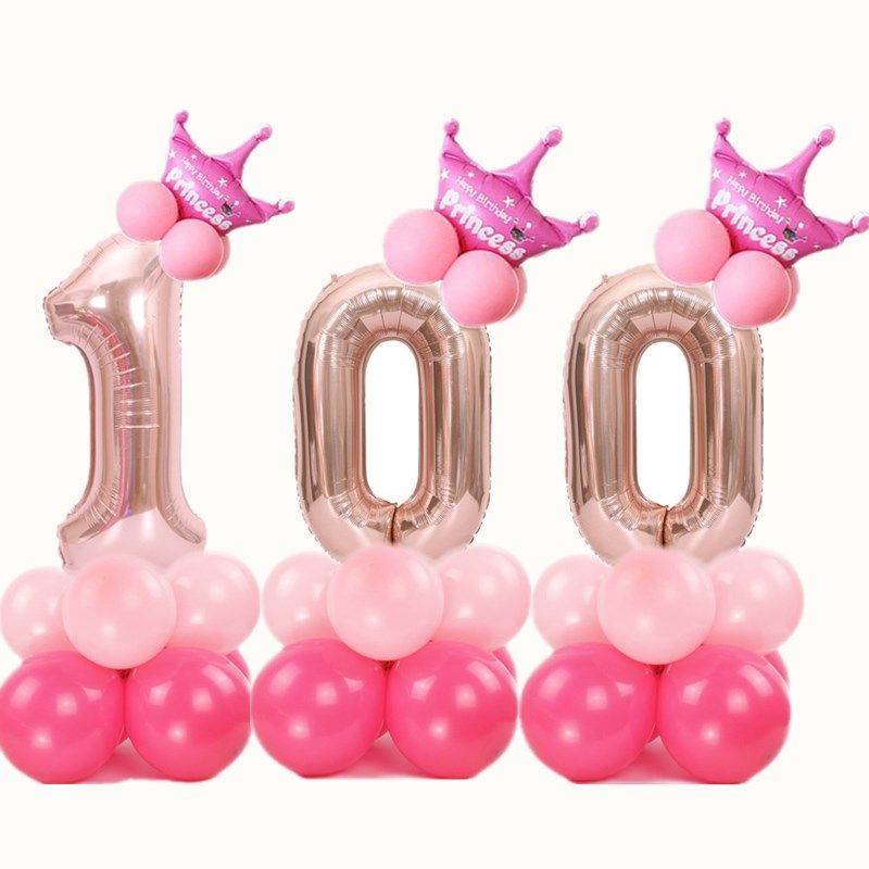 玫瑰金数字皇冠立柱路引儿童生日派对布置宝宝百天周岁气球装饰品