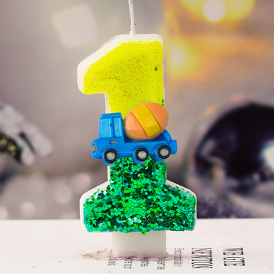 卡通工程车主题数字蛋糕蜡烛儿童男孩生日派对周岁场景装饰布置品