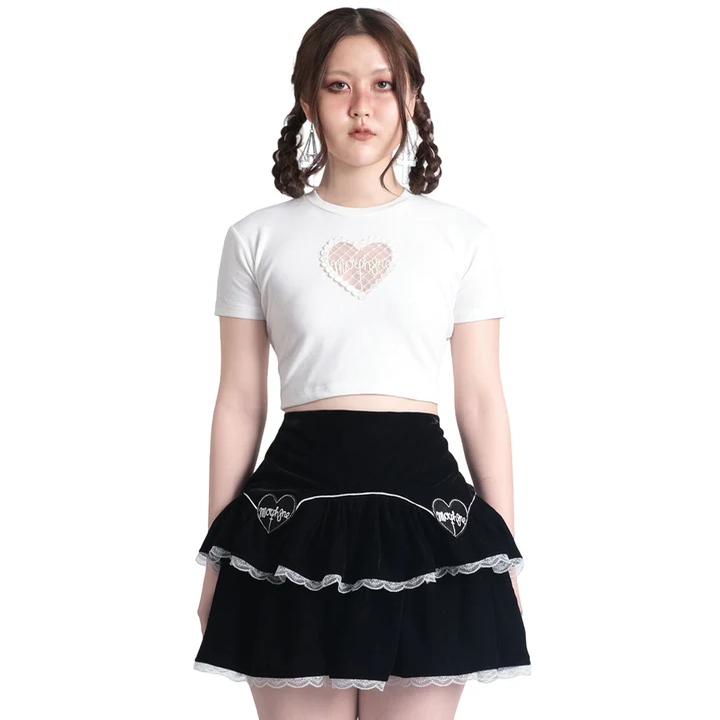 复古心形刺绣镂空T恤甜酷上衣