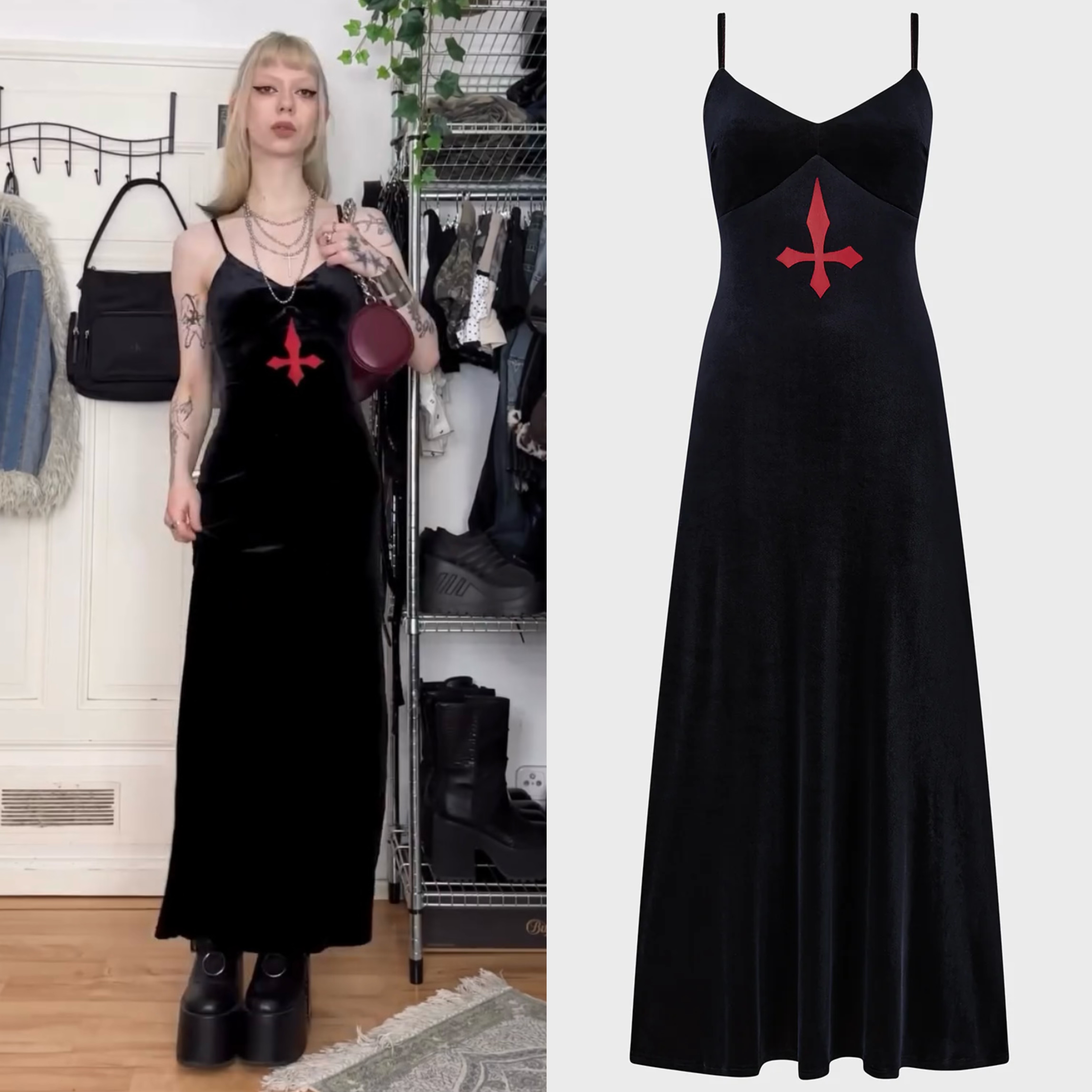 暗黑风哥特式红色十字印花连衣裙