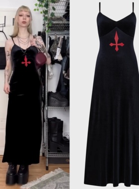 KILLSTAR暗黑风丝绒哥特式红色十字印花显瘦连衣裙辣妹复古朋克风