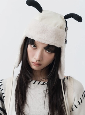 sixthdimension毛绒触角雷锋帽女复古y2k辣妹风保暖护耳搞怪帽子