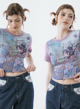 sixthdimension千禧卡通电子仿生毛衣拼接y2k设计感短款半袖上衣