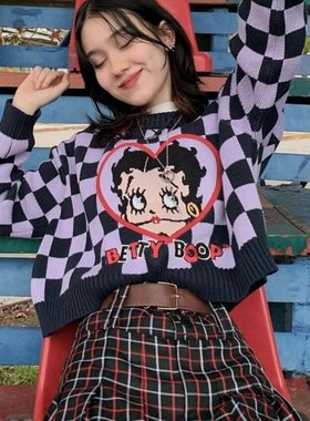 Minga x Betty Boop联名棋盘格毛衣女 复古甜酷风宽松显瘦针织衫