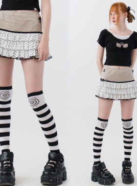 sixthdimension波点蛋糕裙女小众设计感蕾丝拼接高腰a字半身短裙