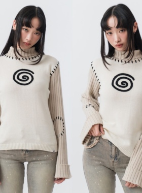 sixthdimension漩涡高领毛衣女复古y2k拼接袖辣妹风显瘦针织上衣