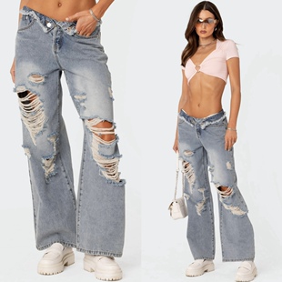 Edikted辣妹裤腰外翻直筒破洞做旧毛边牛仔裤腰头解构