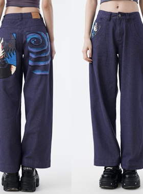 sixthdimension美式复古印花牛仔裤女春秋新款高腰显瘦直筒裤子