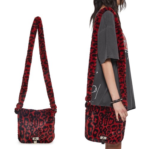 甜酷风红黑豹纹毛绒斜挎包