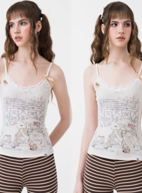 sixthdimension少女感甜辣复古设计感外穿蕾丝边吊带2025夏女背心