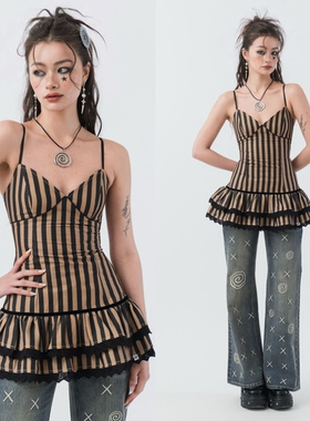 sixthdimension棕黑吊带复古收腰双层荷叶边辣妹亚文化抹胸上衣