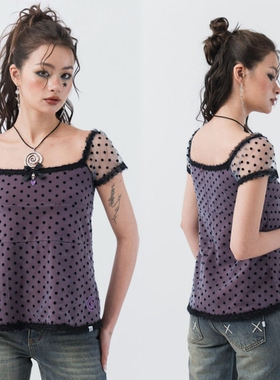 sixthdimension复古网纱蕾丝短袖Y2K千禧风紫黑波点方领辣妹上衣