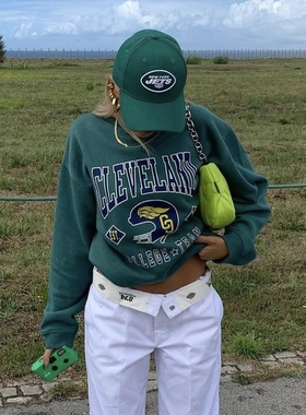 Minga美式复古学院风卫衣女 宽松字母印花绿色套头上衣 潮酷减龄