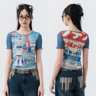 sixthdimension亚文化上衣辣妹Y2K少女原宿网纱撞色性感T恤