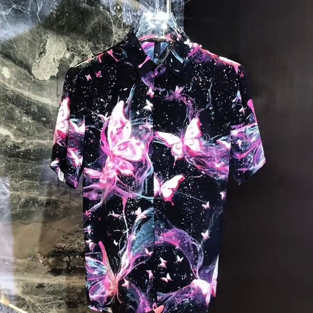 粉蝶星空印花短袖衬衫男夏季冰丝垂坠感宽松痞帅高级感衬衣