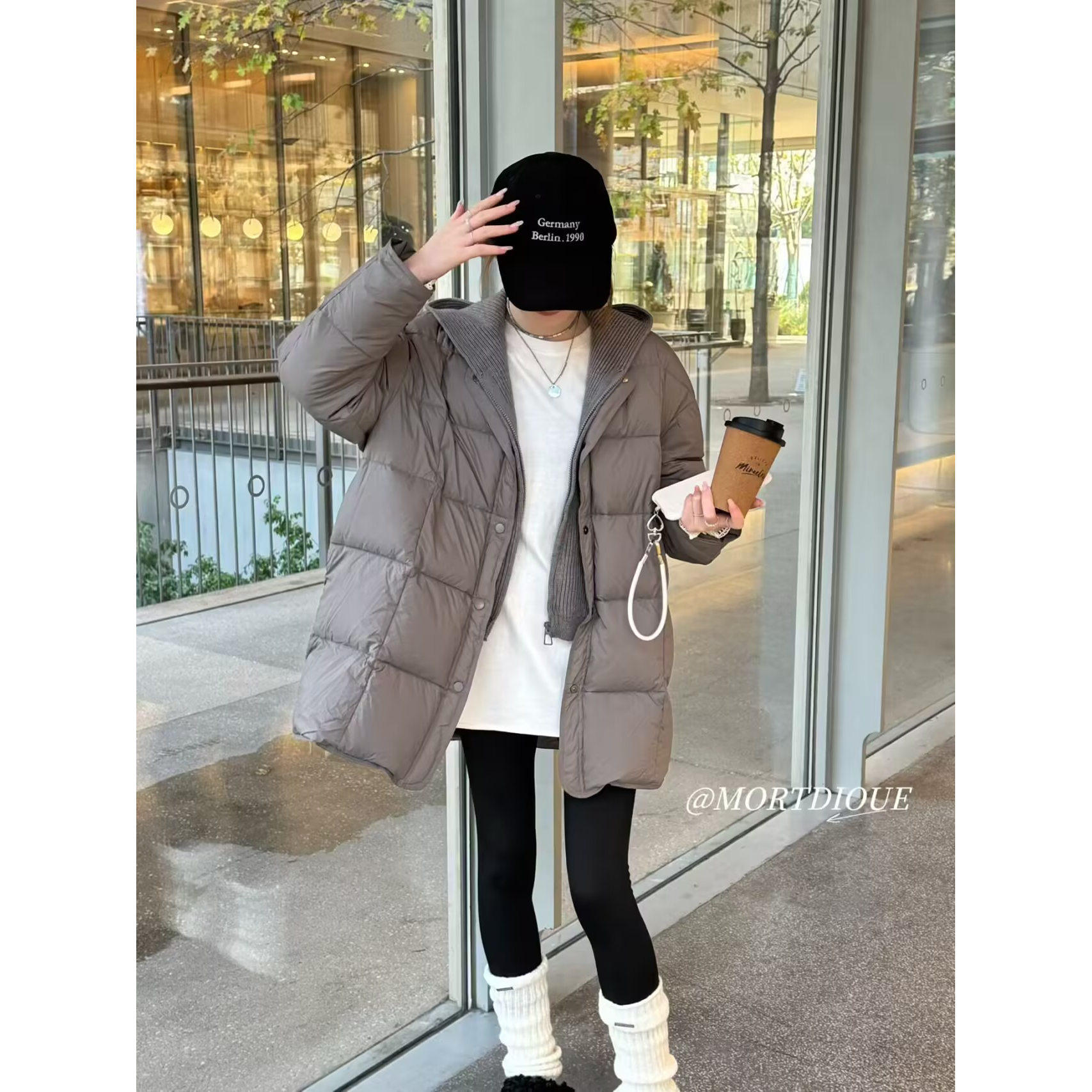 90绒韩系宽松针织拼接连帽假两件中长款羽绒服女冬季白鸭绒面包服