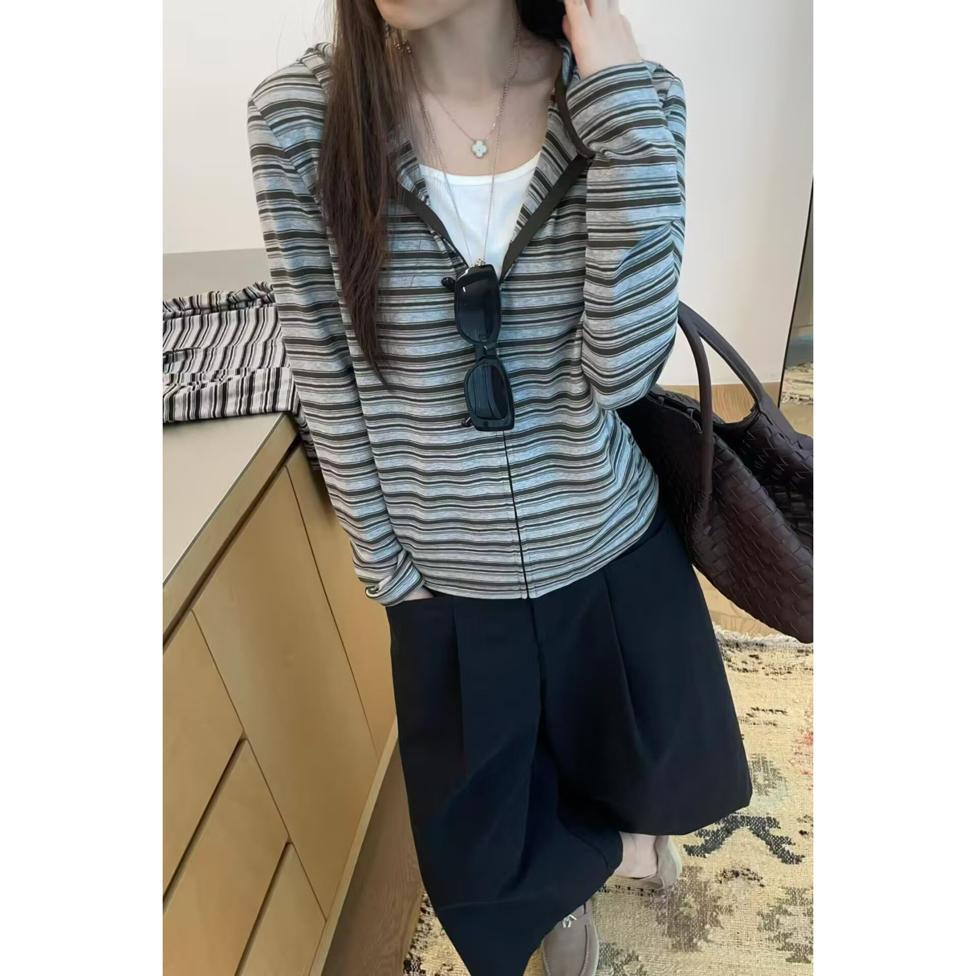 显瘦减龄系复古雅致条纹小版休闲通勤外套t恤假两件套女装