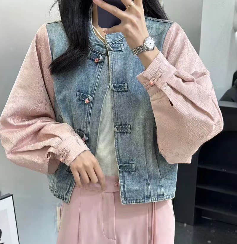 盘扣新款牛仔拼接上衣高级感