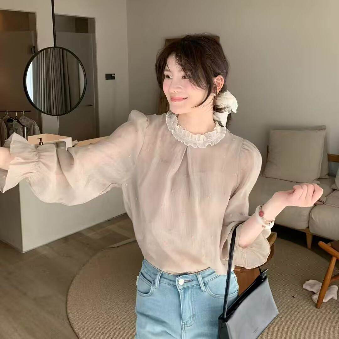 今年流行的爆款独特超好看蓝色蕾丝边雪纺衬衫女2025年新款早春款