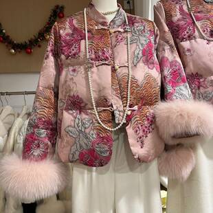 新中式国风盘扣狐狸毛羽绒服女2024年冬季新款重工提花白鸭绒外套