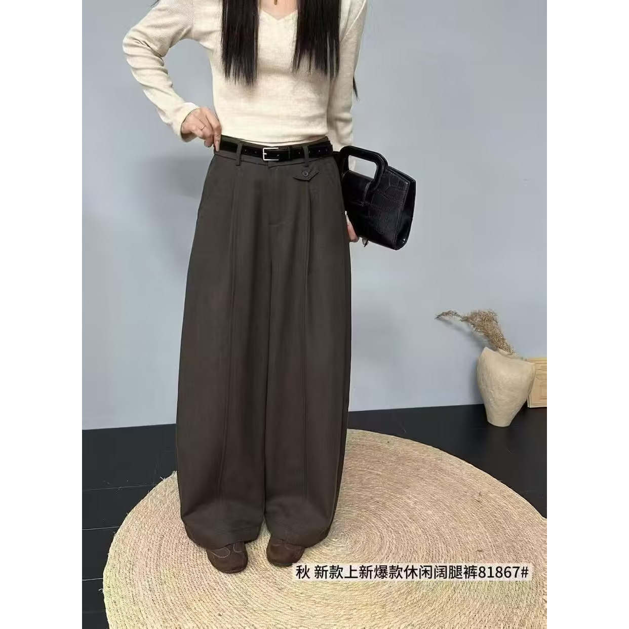 休闲裤女2026秋季高腰褶皱阔腿裤宽松显瘦通勤百搭老钱风配腰带