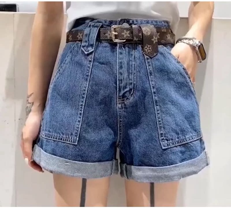 欧洲站蓝色高腰牛仔短裤2025女夏新款腰带大口袋阔腿卷边a字热裤