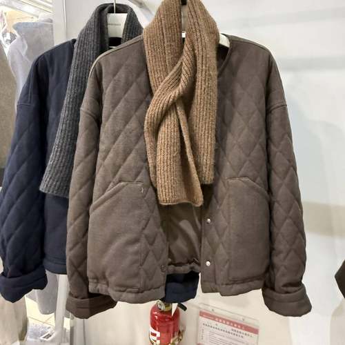 韩国版高级感毛呢菱格棉服女冬季2025新款宽松带围巾加棉棉衣外套