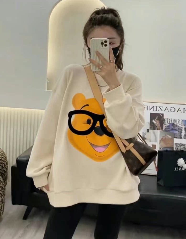 欧货2022早秋新款套头小狗熊长袖薄卫衣女宽松版时尚中长款外套潮