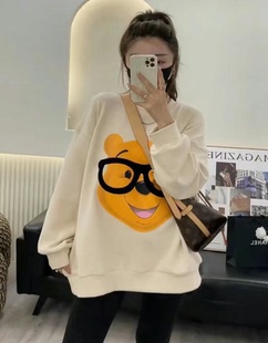 欧货2022早秋新款套头小狗熊长袖薄卫衣女宽松版时尚中长款外套潮