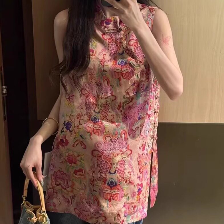新中式高级感印花无袖女2025年夏装新款显白气质洋气独特别致上衣