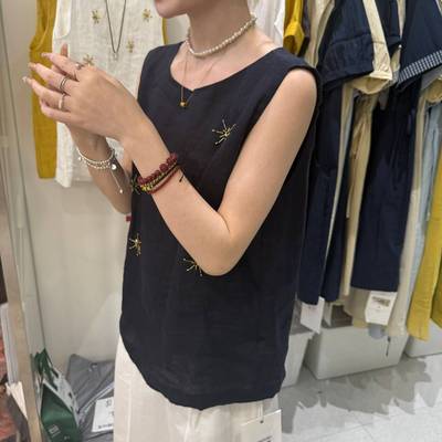 韩系百分百亚麻小众简约刺绣串珠无袖圆领背心小衫女2025夏季新款