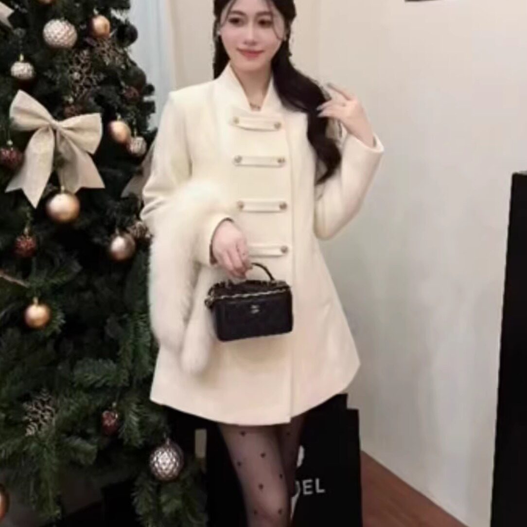 小香风羽绒服女冬季2024新款狐狸毛双排扣中长羊毛呢大衣羽绒外套