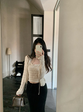 YYSTUFF/「清仓特价」亚麻棉镂空开衫内搭吊带背心女夏针织两件套